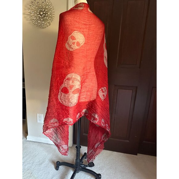 2 Long lightweight spooky skull theme shawls scarves White w/black and Red w/bei - Picture 6 of 7